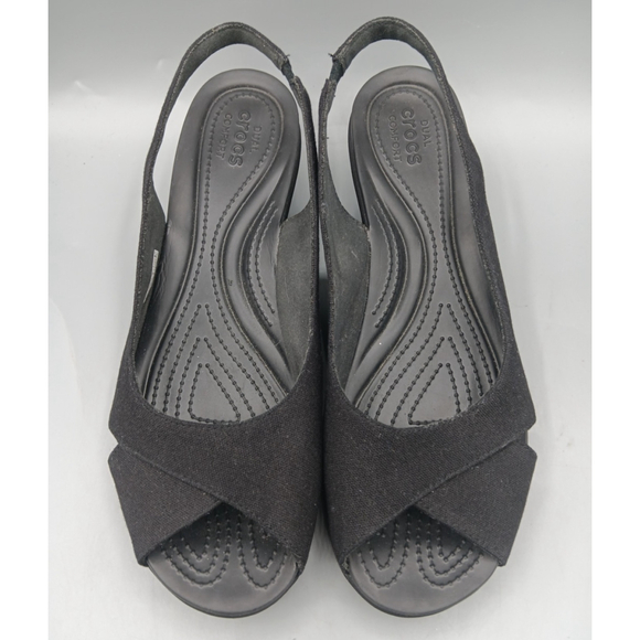 Crocs Leigh Ann Sling Back Wedge Heels Black Open Toe Size 11 Sandals 204948 - Picture 7 of 10